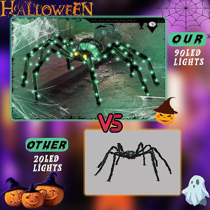 4.2Ft Giant Spider Halloween Decorations Outdoor 52" Light Up Spider with 90 LED Lights for Front Yard, Porch, Garden, Lawn, Halloween Party (Green)