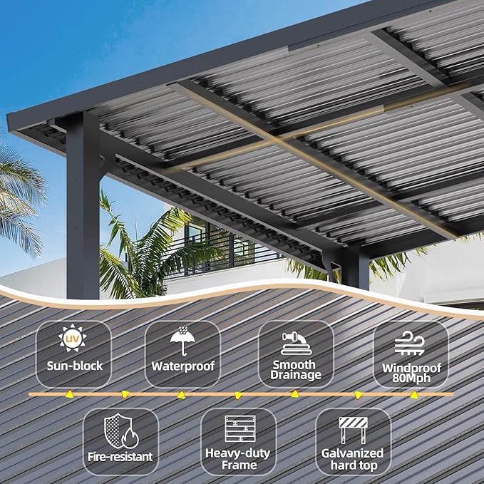 AECOJOY 14' x 10' Hardtop Gazebo Outdoor Pergola, 10x14 Large Heavy Duty Lean to Metal Pergolas and Gazebos on Clearance, Wall-Mounted Grill Gazebo Galvanized Steel Patio Roof Awnings for Patio