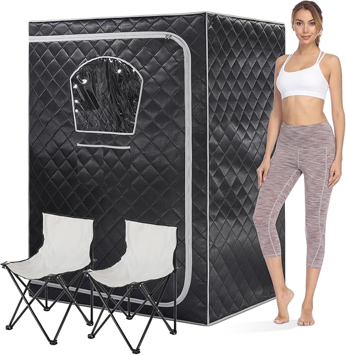 Gollense 2 Person Sauna Portable Steam Sauna Tent with 2 Folding Chairs, Full Size at Home Steam Box for Relaxation Indoor Personal Home Spa, Steamer NOT Included, Black