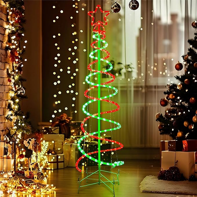Double Spiral Christmas Tree Light Outdoor, Outdoor Light Up Christmas Tree with 8 Mode Controller, 120V Plug&Play ETL Waterproof for Xmas New Year Yard Garden, Red&Green, 5FT