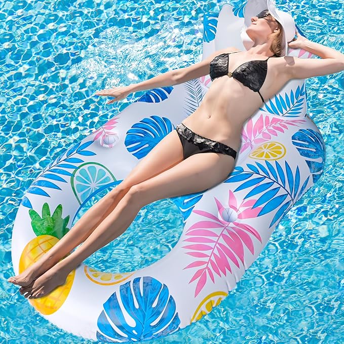Inflatable Pool Float Adult - Light Up Pool Floaties Lounger Floats Floating Chair Raft with Cup Phone Holder - Pool Chairs for in Pool for Adults Large Size Summer Beach Lake Lounge