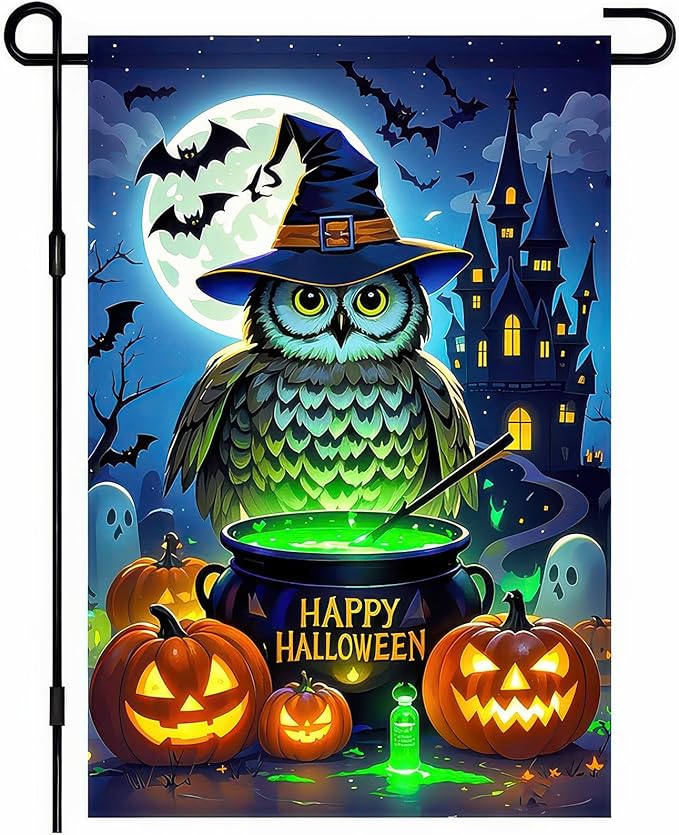 Garden Flags 12x18 Inch Halloween Garden Flag Fall Flags for Outside Vertical Double-Sided Owl Witch Cauldron Pumpkin Haunted Castle Outdoor Holiday Yard Banner for Porch Lawn Decoration