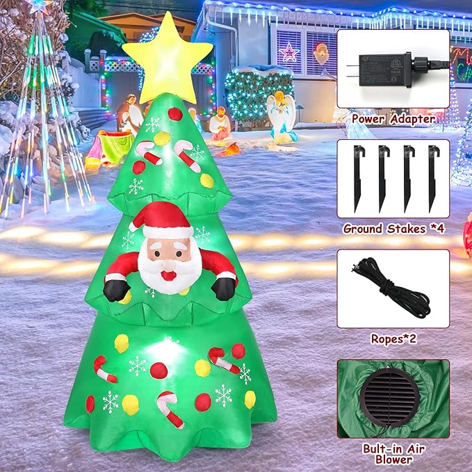 Dremisland 7FT Christmas Tree Inflatables Outdoor Decoration LED Light Up Christmas Inflatable Tree with Santa Blow Up Yard Decorations Outdoor Christmas Holiday Party Yard Garden Lawn Decoration