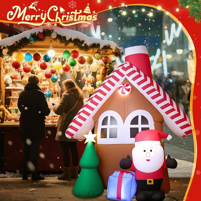 7 FT Christmas Inflatable Candy House with Santa Claus, Tree & Gift Box, Built-in LED Lights, Outdoor Blow Up Yard Decoration for Holiday Lawn Garden Party