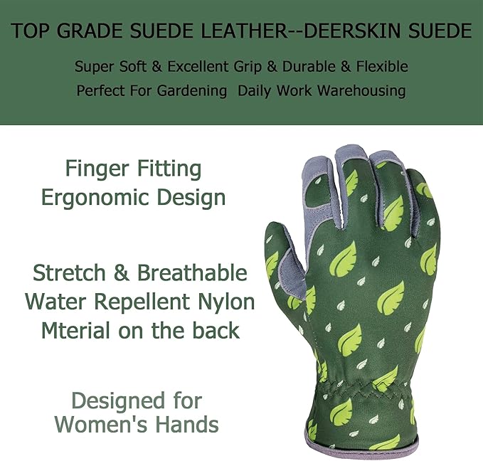 SKYDEER Women's Gardening Gloves - Genuine Deerskin Suede, Ultra-Soft Padded, Comfort Fit for Outdoor Work (SD6615/M)