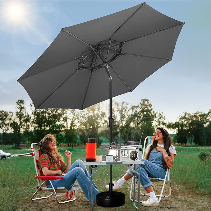 FLAME&SHADE 9ft Patio Umbrella - 2 Tiers Outdoor Umbrella with Push Button Tilt and Crank for UV Protection, Table Market Umbrella for Garden, Deck, Backyard, Pool and Beach(Anthracite)