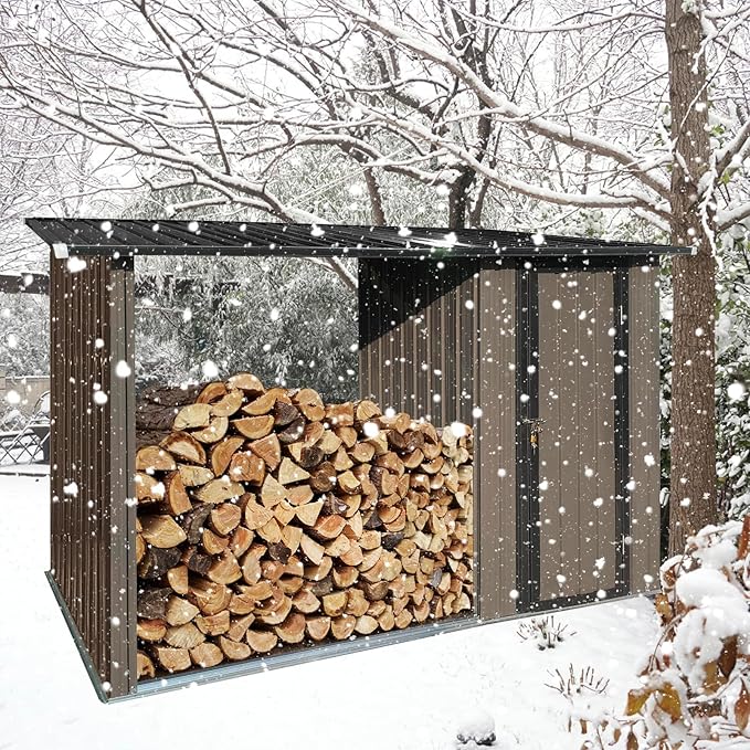 Firewood Rack Outdoor Metal Storage Shed,Two-in-one Function with Sloped Roof and Open Woodshed Design,Tall Door w/a Latch,Waterproof Building Organizer,for Motorcycle,Bicycles,Black+Brown