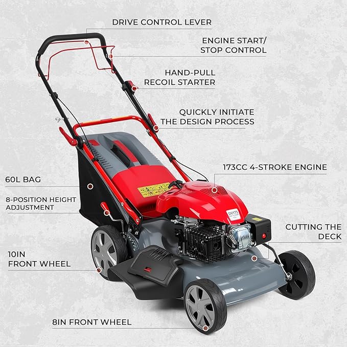 3 in 1 Gas Lawn Mower Self Propelled,173cc OHV Engine with Air Cooling, 20" Steel Deck,8-Level Height Adjustment, 60L Grass Catcher, Foldable Design for Yard Patio Lawn Red (US Fast Arrival