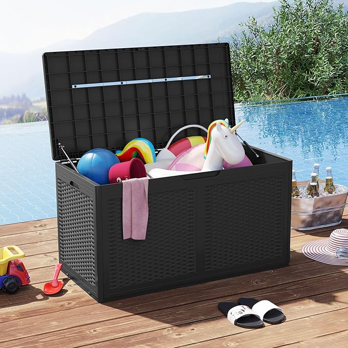 RELAX4LIFE 100-Gallon Resin Deck Box - Waterproof Outdoor Storage Box Container w/Lockable Lid & Wheels, Faux Rattan Porch Bench for Patio Furniture Cushions, Pool Accessories, Garden Tools (Black)