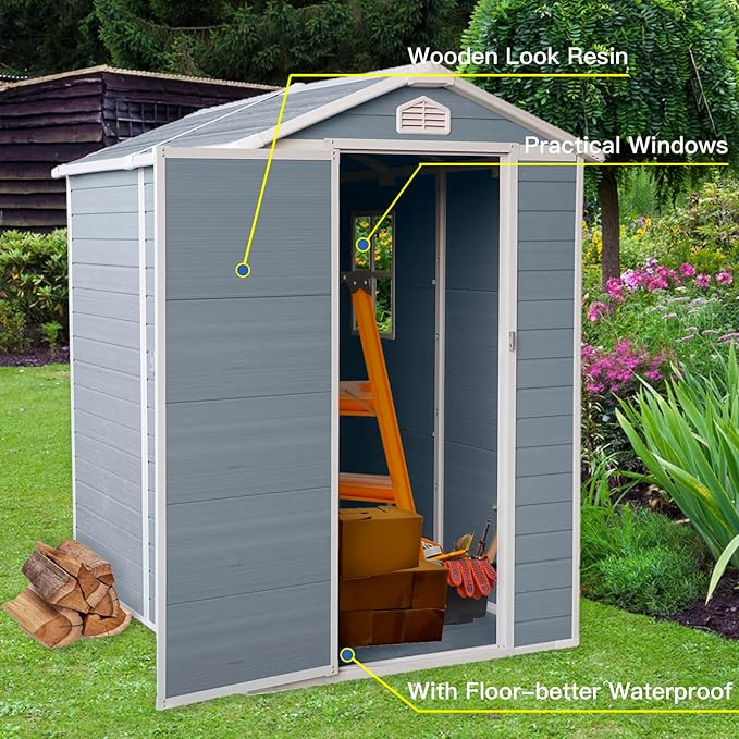 JT 4×6ft Resin Outdoor Storage Shed,Outdoor Storage Shed with Floor & Window to Store Patio Furniture, Garden Tools Bike Accessories, Beach Chairs and Lawn Mower. (4ft×6ft)
