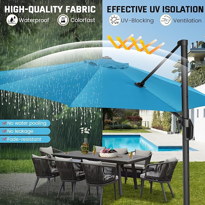 Hotime 10ft Patio Umbrella Outdoor Patio Windproof and Height adjustable, Heavy Duty Aluminum Round Offset Patio Umbrella Cantilever Pool Umbrella with 360°Rotation for Garden Deck Pool, Light Blue