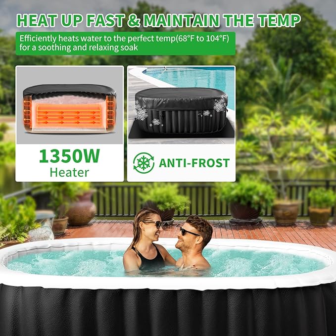 2 Person Inflatable Hot Tub with LED Lights, Oval Blow Up Portable Hot Tub, Leak-Proof PVC Outdoor Spa with 100 Strong Air Jets, Pump and Insulated Cover, Side Table, 75” X 47”X 25”