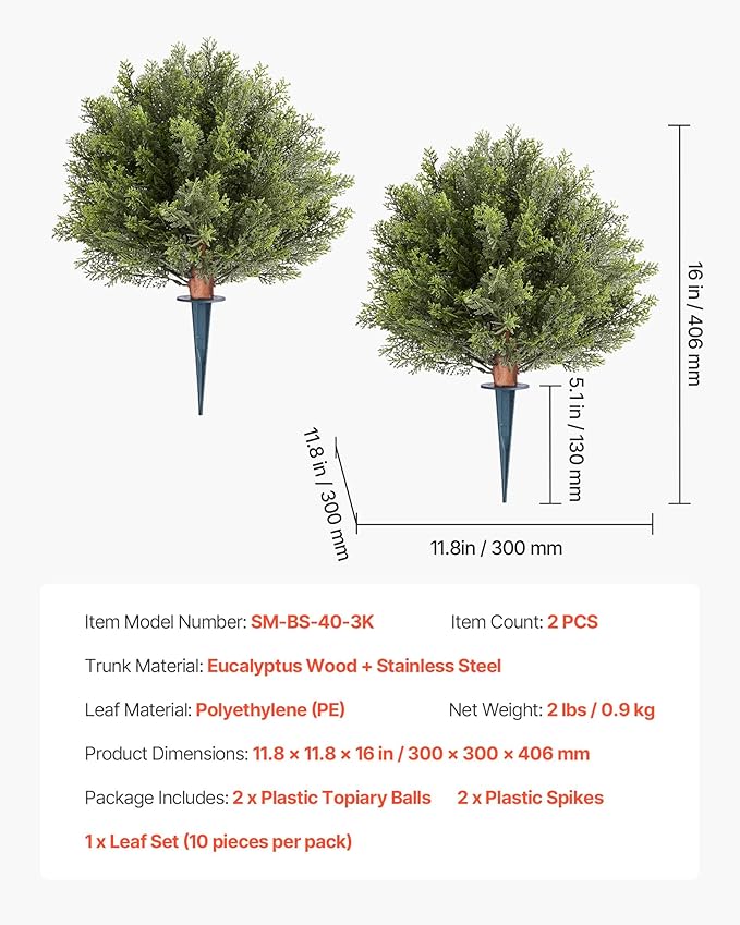 VEVOR Artificial Topiary Cypress Trees with Ground Spike, 16 inch 2 Set Faux Shrubs & Bushes Potted Plants, Fake Silk Tree Look Real for Decor Front Porch Outdoor Indoor Patio Garden Balcony Backyard