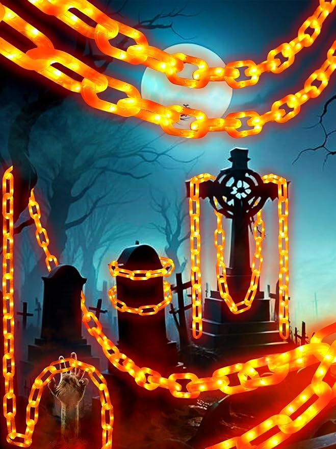 10Ft Halloween Chain String Light Decorations Outdoor Indoor, 160 LED Lights with 8 Modes Waterproof Lighted Prop Chains for Halloween Party Favors Yard Haunted House Spooky Decor(Orange)