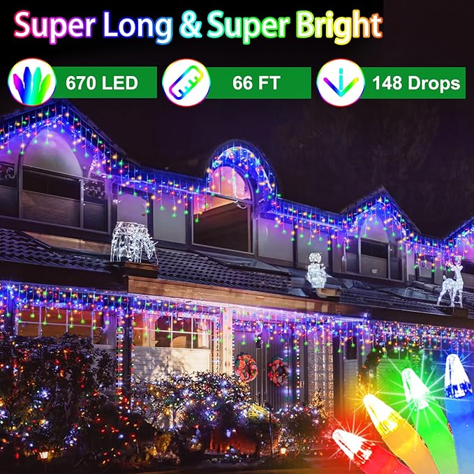 66FT 670 LED Outdoor Christmas Lights - 148 Ice Drops, 12 Pro Modes with Timer Memory & Brightness, Waterproof Hanging Ice String Light for Holiday Wedding Garden Fence House Decor (Multicolor)