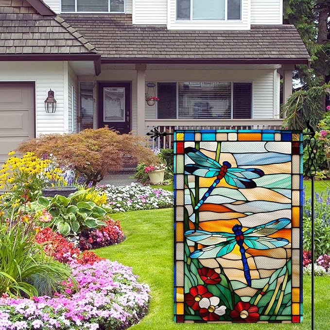 Spring Summer Dragonfly Garden Flag Glass Style Flowers Garden Flag Vertical Double Sided Rustic Farmland Burlap Yard Lawn Outdoor Decor 12.5x18"