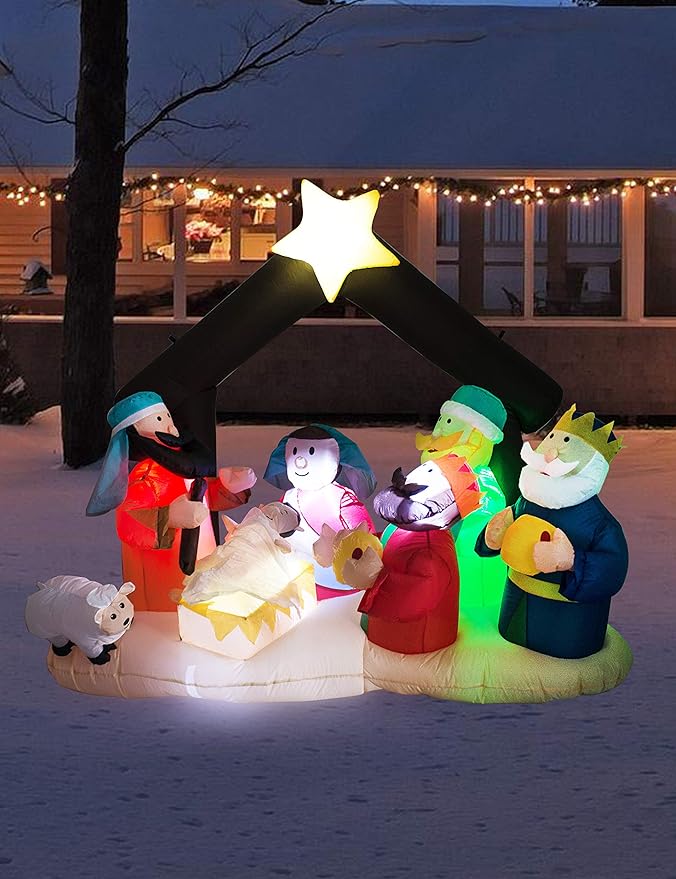 TRMESIA Christmas Inflatable Nativity Sets for Christmas Outdoor Decoration with Flashing LED Lights,Outdoor Inflatable Nativity Scene Set Lighted Blow up Baby Jesus Yard Indoor Props