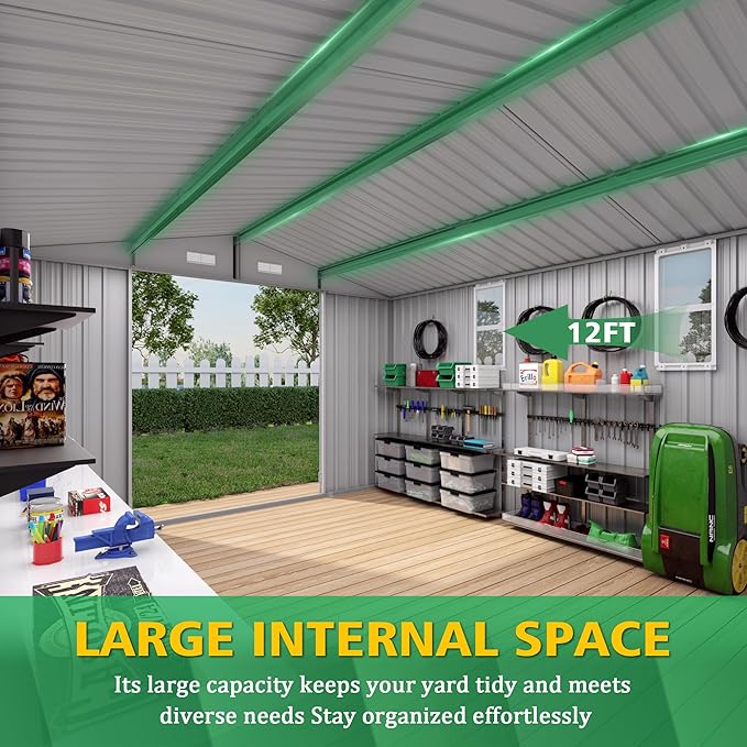 10x12 FT Outdoor Storage Shed, Large Metal Garden Shed with Double Door Two Window Waterproof Tool Shed for Backyard Patio Lawn Poolside, Grey