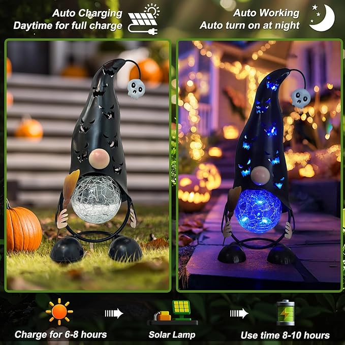 Halloween Decorations Outdoor Solar Lights Gnome, Color Changing LED Lights with Jack-O-Lantern Hollowed-Out Hat, Spooky Halloween Decor for Garden, Patio, Yard, Pathway (Black)