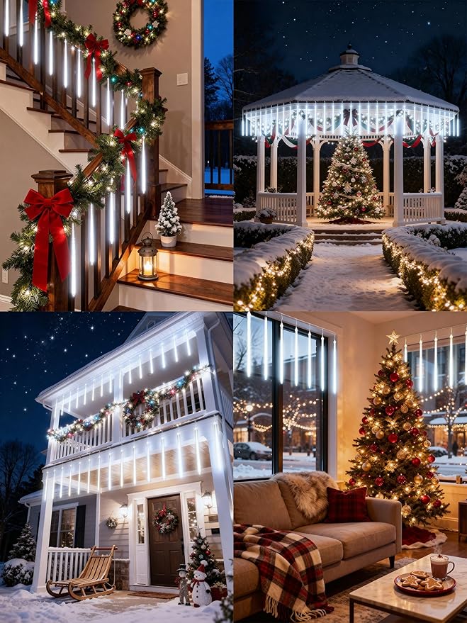 Flacchi Meteor Shower Icicle Lights - 5 Tubes 20" Each 270 LED Cascading Raindrop Lights, Timer Outdoor Waterproof Christmas Decorations for Holiday Party(Cool White)