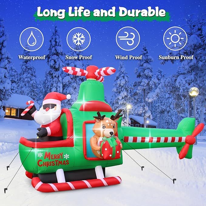 8.5 FT Long Christmas Inflatable Outdoor Decorations, Blow Up Santa Claus Helicopter with Bright LED Lights, Christmas Santa and Reindeer Flying Airplane for Xmas Decor, Lawn, Yard Holiday Party