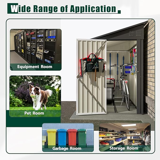 4×8 Ft Lean to Shed with Floor, Metal Outdoor Storage Shed, 0.25mm Galvanized Steel Metal Garden Shed Waterproof with Lockable Door for Backyard, Patio, Garden, Black