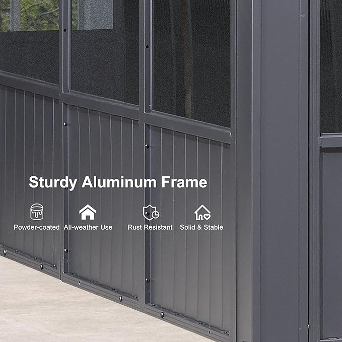 PURPLE LEAF 12' X 16' Solarium Sunroom Permanent Hardtop Gazebo Galvanized Steel Double Roof Aluminum Outdoor Screen House for Lawn Deck Backyard Grey