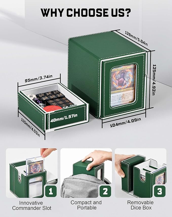 ZLCA Card Deck Box with 2 Dividers, Deck Storage Case Fits 100+ Single Sleeved, PU Leather TCG Card Case Holder for Magic Commander Yugioh (Green& White)