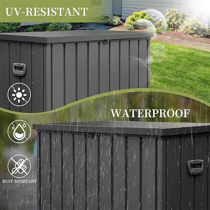 200 Gallon Outdoor Deck Box Lockable Metal Indoor Outdoor Storage Container with Side Handle, Waterproof Storage Box with Rolling Castors for Patio Garden Tools, Pools Equipment, Cushions, Gray