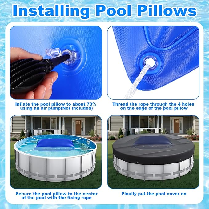 Hungdao 4ft Pool Pillow Cover for Above Ground with 12 Pcs Inflatable Pool Cover Weight with Hook Winter Ice Antifreezing Hanging Bag with Rope and Connection Buckle(Royal Blue,4x8 ft,Rectangle)