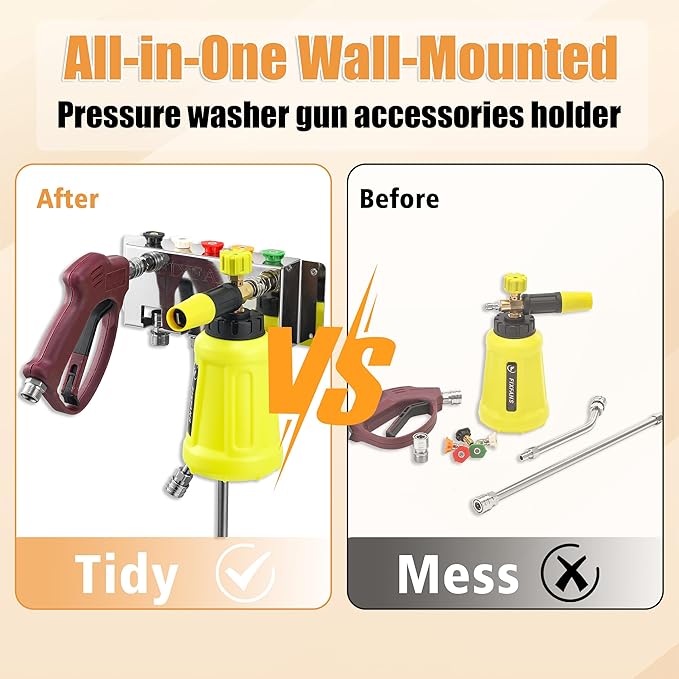 Pressure Washer Foam Cannon Holder, Power Washer Gun Snow Foam Lance 1/4" Quick Connect Tool Organizer, Wall Mounted Nozzle Tips and Wand Extension Kit Storage Rack of Car Wash Accessories