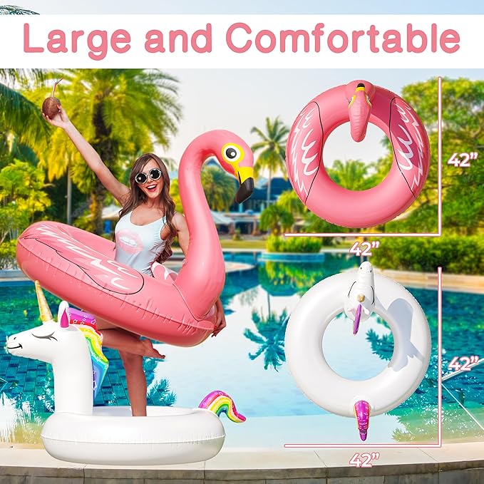 JAMBO Unicorn and Flamingo Pool Floats- 2 Pack with 2 Drink Holder Floats, Large Flamingo and Unicorn Tube Float, Adult & Teens, Inflatable Tanning Pool Toys, Tanning Pool Float, Tanning Float