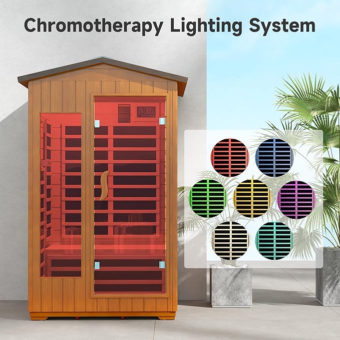 springspa Outdoor Infrared Sauna 2 Person for Home, 15amp Low EMF Far Infrared Spruce Wooden Sauna at Home with Bluetooth,LCD Panel