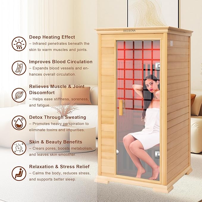 1-Person Home Infrared Dry Sauna Cabin 1600W/110V – Canadian Hemlock Wood, Tempered Glass Door, Red-Light Therapy & Bluetooth Speaker, Easy DIY Assembly, Size 37.1″×35.8″×74″