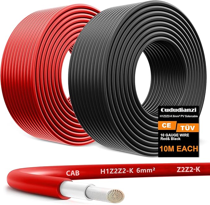 Oududianzi 2x32.8 Feet Solar Panel Wire, 10AWG Solar Wire Tinned Copper 10 Gauge Solar Cable PV Wire, for Outdoor Automotive RV Solar Panels Boat Marine (32.8FT Red + 32.8FT Black)