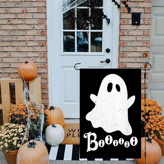 DECORLUXES Halloween Ghost Garden Flag Double Sided for Outside Boo Black Holiday Yard Decoration (Garden Flag)