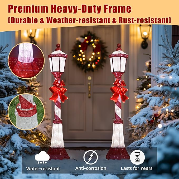 60Inch Outdoor Christmas Decorations Outdoor Lighted Lamp Post 3D Lamppost LED Lighted Display with 128 LED Lights&Bow, Holiday Decorations for Yard, Porch, Patio (2-Pack)