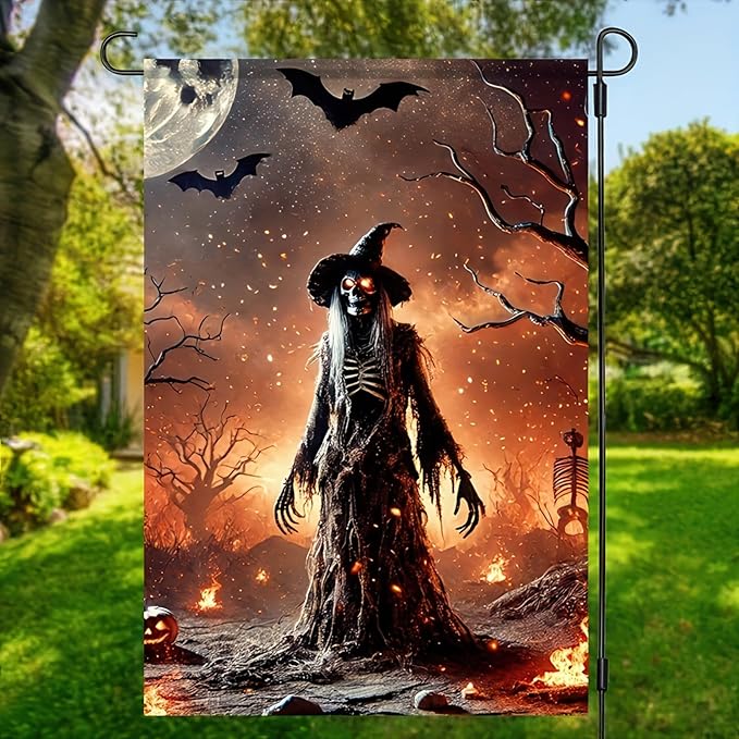 Witch Halloween Garden Flag 12x18 Double-Sided Spooky Bats Scary Skeleton Witch Garden Flag Outdoor Lawn Fall Decoration Banner Holiday Seasonal Yard Flag