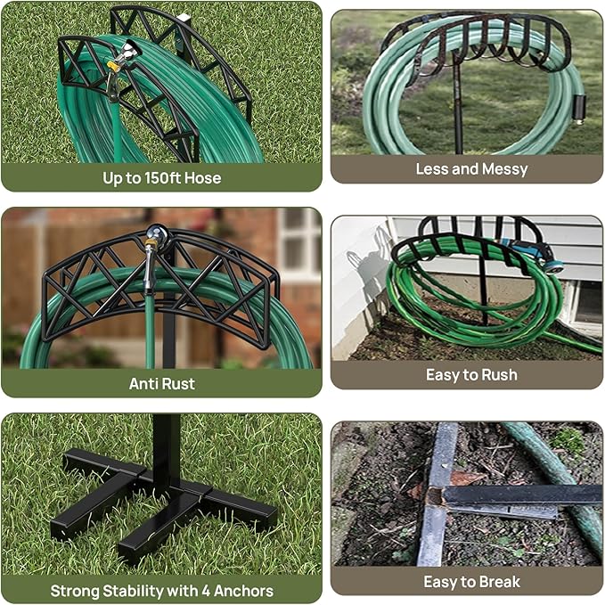 Garden Hose Holder Detachable Heavy Duty Metal Water Hose Hanger, Freestanding Hose Storage Stand Rack for Outside (Black)