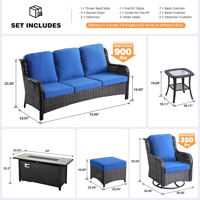 ovios 10 Pieces Patio Furniture Set, Outdoor Wicker Sofa Couch with Swivel Chairs 54" Fire Pit Table, High Back All Weather Modern Conversation Sets, Brown Rattan, Navy Blue