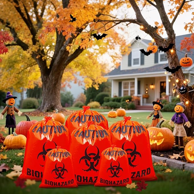 12 Pcs Large Halloween Leaf Bags Biohazard Halloween Decorations Halloween Trash Bags for Leaves Plastic Yard Lawn Waste Bags Scientist Biohazard Bags Outdoor Biohazard Zombie Party Decorations (Red)
