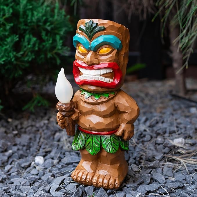 Solar Tiki Garden Statues Tiki Holding Torches with Flickering Flame LED Lights Bar Porch Lawn Yard Outdoor Decorations Christmas Thanksgiving Birthday Gardening Gift for Mom Women