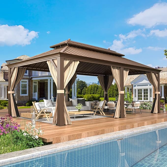 EROMMY 12' x 20' Gazebo Hardtop Double Roof Galvanized Steel Canopy with Netting and Curtains Outdoor Aluminum Frame Permanent Metal Pavilion for Patio Backyard Deck and Lawns