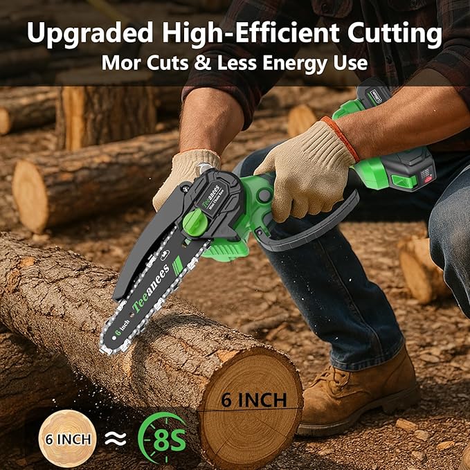 Mini Chainsaw Cordless 6 Inch, Electric Chainsaw Battery Powered with Auto Oiler, Security Lock for Wood Cutting, Tree Trimming, Garden & Household Use(2 Batteries)