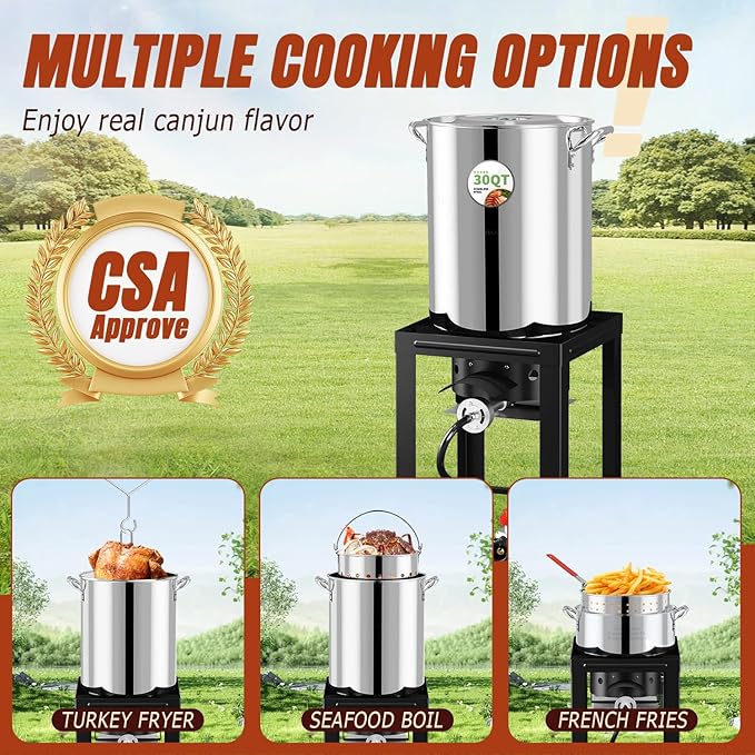 Stainless Steel Turkey Fryer Kit, 30QT Deep Pot & 10QT Fish Fryer, Waterproof Cover & 12-inch Skimmer, 55,000 BTUS Propane Burner Stove, Outdoor Deep Fryer, Crawfish Boiler with Basket