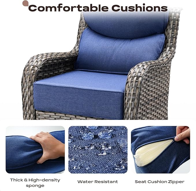 Rilyson 6 Piece Outdoor Patio Swivel Rocker Chairs, Waterproof Wicker, High Back, Deep Seating, Wide Armrest, Upgraded 6 inch Thick Cushions, Side Table, Ideal for Deck Porch Yard, Mixed Grey/Blue