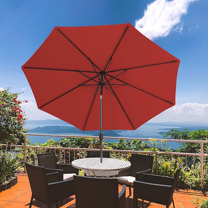 Sundale Outdoor 10 ft Patio Umbrella with Sand Bag Umbrella Base Included, Outdoor Umbrella with Tilt and Crank, Red