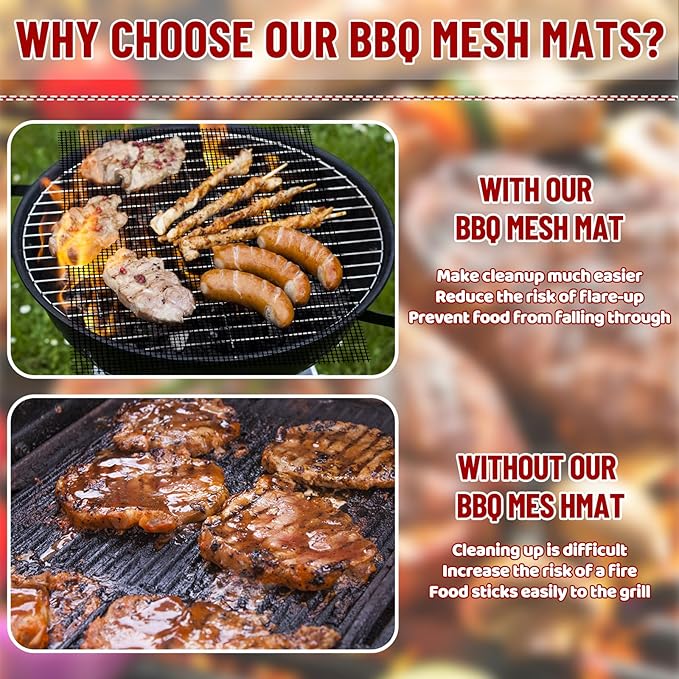 Grill Mesh Mat Set of 6, Non Stick BBQ Grill mats, Heavy Duty Grilling mats Barbecue Grill Accessories, Reusable and Easy to Clean, Works on Gas, Charcoal, Pellet Grill and More, 15.75 x 13inch, Black