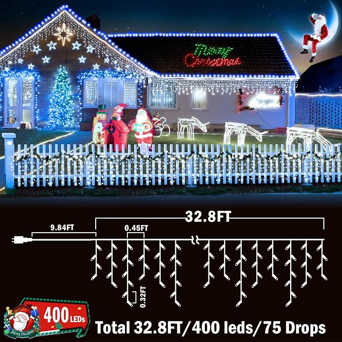 KNONEW Christmas Lights Outdoor Decorations 400 LED 33ft 8 Modes Curtain Fairy String Light with 75 Drops, Clear Wire LED String Light Decor for Wedding Party Holiday Christmas Decorations Cool White
