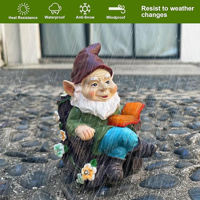 Solar Garden Gnome Statues Outdoor, Fairy Halloween Rocking Chair Gnomes Reading Book Succulents Figurines Lights Yard Art Sculpture Home Decor for Outside Patio Balcony Lawn, Unique Loved One Gifts